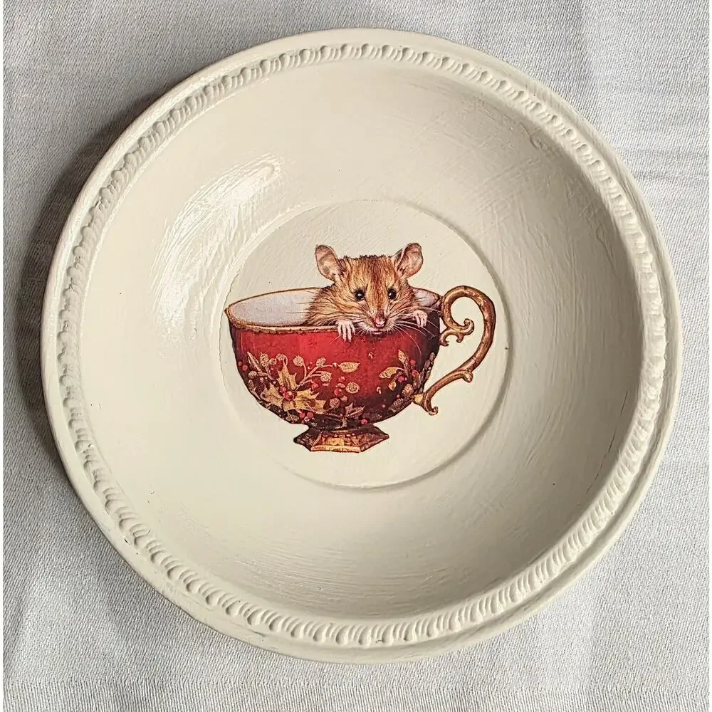 Metal Trinket Bowl Painted and Mouse Transfer Applied 5 1/2